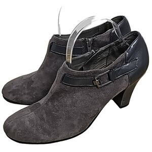 Aerosoles Faux Suede Boots Gray Heel Buckle Zipper Bootie Woman's Size 9.5M